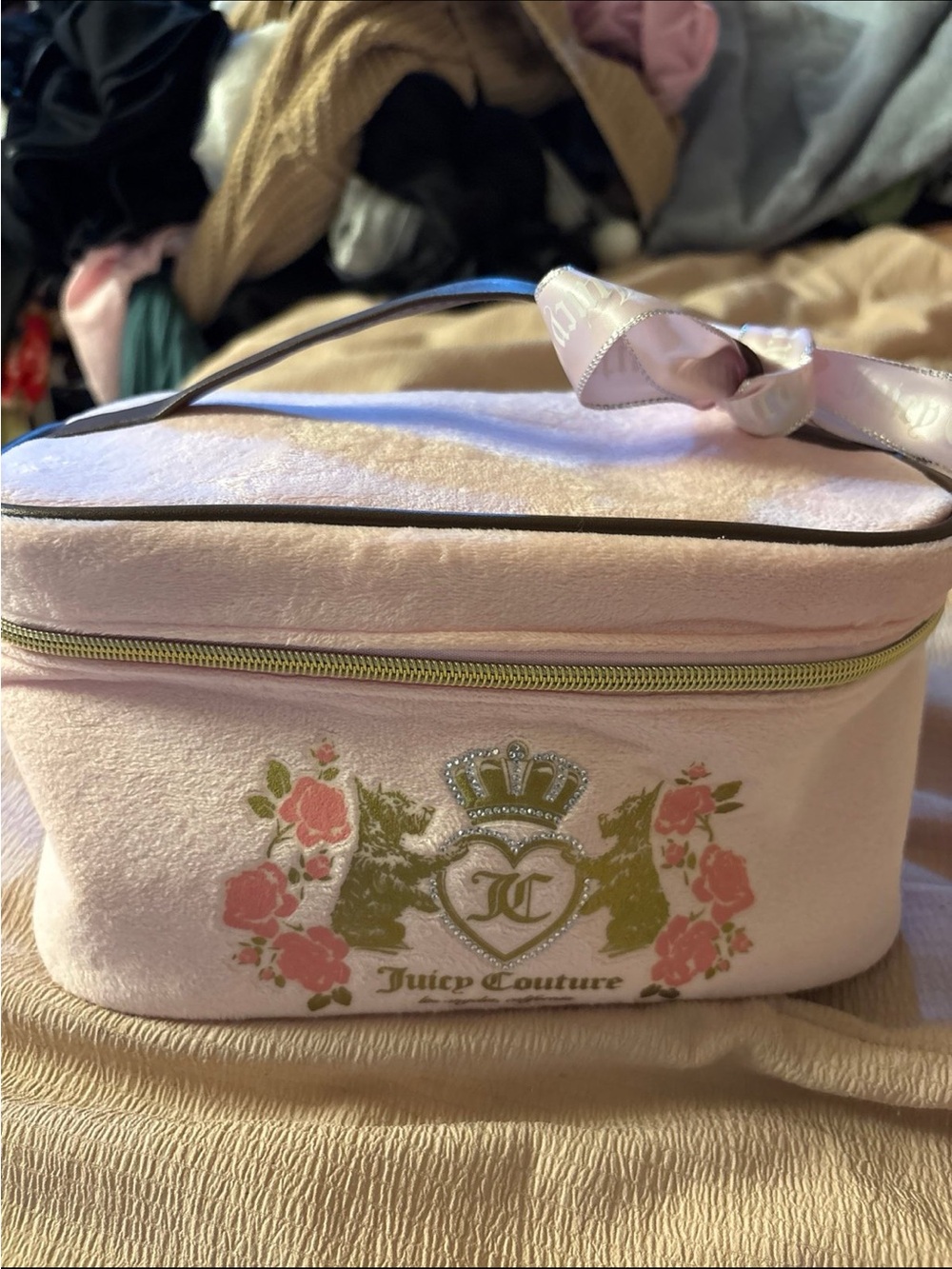 Juicy Couture Light Pink Velvet Cosmetic Bag with Embroidered Crest and Ribbon